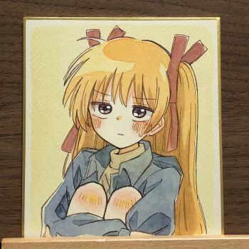 1girl :| blue_jacket blush closed_mouth commentary_request eyes_visible_through_hair frown hair_between_eyes hair_ribbon highres hugging_own_legs jacket kanon long_hair looking_at_viewer open_clothes open_jacket orange_hair painting_(medium) purple_eyes red_ribbon ribbon sawatari_makoto shikishi shirt simple_background sitting solo sweatdrop traditional_media turtleneck turtleneck_shirt two_side_up upper_body upturned_eyes v-shaped_eyebrows watercolor_(medium) white_shirt yellow_background zeppachi