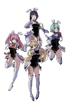 4girls absurdres animal_ears aqua_hair armband black_hair black_leotard blonde_hair blunt_bangs boots breasts chiester00 chiester410 chiester45 chiester556 chiester_sisters eyepatch gloves grin highres leotard level3 long_hair multiple_girls pink_hair pointing rabbit_ears rabbit_tail short_hair showgirl_skirt simple_background smile tail tassel tattoo thighs twintails umineko_no_naku_koro_ni white_boots white_gloves