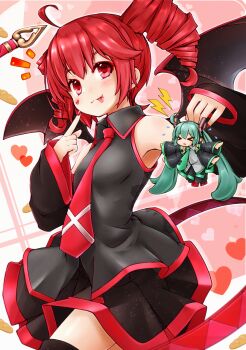 >_< 2girls akino_coto aqua_hair baguette bare_shoulders belt blush bread commentary_request cowboy_shot crossover demon_wings detached_sleeves drill_hair facial_tattoo fang food hair_ornament hatsune_miku heart heart_background heart_tattoo highres kasane_teto kasane_teto_(utau) lightning_bolt_symbol long_hair mini_person minigirl multiple_girls necktie red_eyes red_hair red_necktie revision shirt short_hair skirt sleeveless sleeveless_shirt smile sweatdrop tattoo tongue tongue_out twin_drills twintails utau very_long_hair vocaloid waving_arms wings