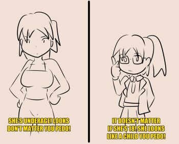 2girls achthenuts adjusting_eyewear age_difference breasts child closed_mouth collarbone collared_shirt cropped_legs doodle ears english_text flat_chest glasses hand_up height_difference highres jacket large_breasts long_hair long_sleeves looking_at_viewer mature_female meme multiple_girls necktie nose original pedophile petite ponytail shirt short_hair simple_background skirt sleeveless third-party_source upper_body white_background