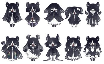 1girl arm_up asymmetrical_clothes bare_legs black_coat black_dress black_hair black_jacket black_leotard black_panties black_socks bob_cut bow bubble_skirt chibi coat colored_skin cthulhu_mythos detached_sleeves dress extra_mouth full_body hair_bow hair_ornament haiyahaiyohai high_collar highres jacket kneehighs leotard long_hair long_sleeves looking_at_viewer low_twintails monster_girl multiple_views open_mouth outstretched_arms panties pantyhose rainbow_order sharp_teeth short_hair shub-niggurath sideways_mouth simple_background skirt skull_hair_ornament sleeves_past_fingers sleeves_past_wrists socks standing teeth tentacle_hair thighhighs train_(clothing) turtleneck twintails underwear uneven_twintails variations very_long_hair white_background white_bow white_dress white_skin wide_sleeves zettai_ryouiki