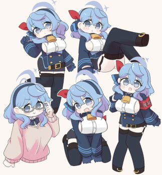 1girl :d :o ako_(blue_archive) ass bell belt belt_buckle between_legs black_belt black_hairband black_shoes black_thighhighs blue_archive blue_gloves blue_hair blue_jacket blush_stickers breasts brown_background brown_sweater buckle chibi closed_mouth garter_straps glasses gloves grey-framed_eyewear grey_eyes grey_skirt hair_between_eyes hairband halo hand_between_legs hand_up jacket knees_together_feet_apart large_breasts long_hair long_sleeves miranofuudoria multiple_views neck_bell open_mouth outline parted_lips puffy_long_sleeves puffy_sleeves seiza semi-rimless_eyewear shirt shoes sideboob simple_background sitting skirt smile standing sweater thighhighs under-rim_eyewear white_outline white_shirt