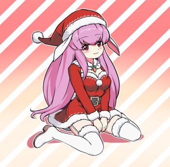 1girl alternate_costume animal_ears belt bilingual_commentary black_belt boots breasts cleavage closed_mouth commentary dress english_commentary fur-trimmed_boots fur-trimmed_dress fur-trimmed_headwear fur-trimmed_sleeves fur_trim garter_straps hat highres korean_commentary long_hair long_sleeves looking_at_viewer mirae_somang mixed-language_commentary purple_hair rabbit_ears rabbit_girl rabbit_tail red_eyes red_hat reisen_udongein_inaba santa_costume santa_dress santa_hat sitting smile solo tail thigh_boots touhou very_long_hair wariza white_boots