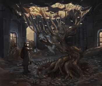 2girls angry backpack bag boots coat cobblestone dappled_sunlight ephe99261012 fringe_trim gun harpy highres holding holding_gun holding_lantern holding_weapon hole_in_ceiling in_tree indoors jitome lantern looking_at_another monster_girl multiple_girls original overgrown post-apocalypse rifle ruins see-through_body sharp_teeth spirit standing sunlight teeth tree weapon wide_shot winged_arms wings