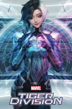 1girl absurdres arm_guards armor black_eyes black_hair blue_eyes bodysuit comic_cover company_name copyright_logo copyright_name cover cover_page english_text heart heart_hands heterochromia highres indoors logo looking_at_viewer luna_snow marvel multicolored_hair official_art pink_lips shoulder_armor smile solo split-color_hair standing stanley_lau thigh_armor tiger_division white_hair