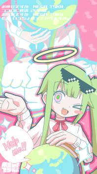 1girl absurdres blush_stickers camellia_(musician) commentary_request earth_(planet) english_text eyewear_on_head fang globe green_hair halo highres indie_utaite long_hair long_sleeves movin6! nanahira one_eye_closed planet purple_eyes red_ribbon ribbon sazunamo shirt side_ponytail single_blush_sticker smile solo sparkle speech_bubble sunglasses translation_request utaite variant_set very_long_hair white_shirt