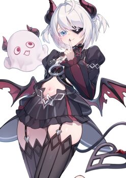 1girl absurdres ahoge black_dress black_horns black_nails black_survival black_tail black_thighhighs black_wings blue_eyes breasts closed_mouth clothing_cutout colored_eyelashes commentary_request demon_girl demon_horns demon_tail demon_wings dress eternal_return:_black_survival eyepatch frilled_eyepatch garter_straps gradient_horns hair_between_eyes hair_intakes hair_over_one_eye highres horns index_finger_raised juliet_sleeves kkonaeng long_sleeves looking_at_viewer low_wings multicolored_horns nail_polish navel navel_cutout puffy_sleeves red_horns red_wings short_hair simple_background sissela_kyle small_breasts smile solo tail thighhighs two_side_up white_background white_hair wings