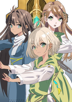 1boy 2girls blonde_hair brown_hair chaos_(xenosaga) commentary_request dark-skinned_female dark-skinned_male dark_skin green_eyes hair_ornament hairclip highres long_hair mary_magdalene_(xenosaga) mon_7291 multiple_girls nephilim_(xenosaga) spoilers very_long_hair xenosaga xenosaga_episode_iii zohar