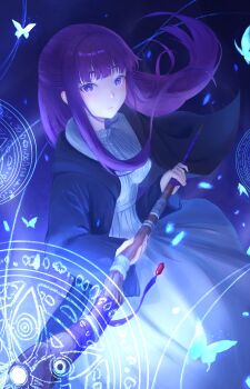 1girl absurdres bug butterfly closed_mouth commentary dress euphyqq fern_(sousou_no_frieren) highres holding holding_staff insect long_hair mage_staff magic purple_eyes purple_hair solo sousou_no_frieren staff white_dress