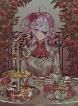 1girl ahoge apple ascot bird blush breasts bug butterfly cup eyepatch flower food fruit gloves hair_flower hair_ornament heart heart_ahoge highres insect lace lace_gloves lolita_fashion looking_at_viewer macaron maria_marionette medium_hair multicolored_hair nijisanji nijisanji_en pink_eyes pink_hair purple_hair red_ascot red_flower red_rose rose side_ponytail sitting small_breasts solo streaked_hair teacup user_sukg2582