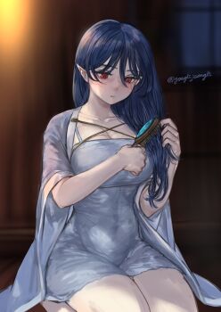 Rule 34 | 1girl, alternate costume, blue dress, blue hair, blush, breasts, brushing hair, cleavage, closed mouth, collarbone, commentary, covered navel, dress, gonglijeongli, hair brush, highres, holding, holding hair brush, iizunamaru megumu, large breasts, long hair, missing headwear, pointy ears, red eyes, sitting, solo, thighs, touhou, twitter username