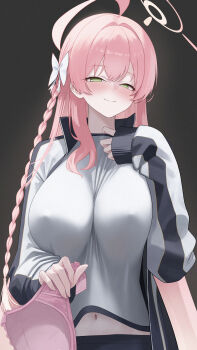 1girl absurdres ahoge alternate_costume blue_archive bow bra breasts commentary_request covered_navel green_eyes gym_shirt gym_uniform halo hanako_(blue_archive) highres holding holding_bra holding_underwear holding_unworn_clothes jacket large_breasts looking_at_viewer navel open_clothes open_jacket pink_hair pink_halo shirt smile solo takkun0926 underwear unworn_bra white_bow white_shirt