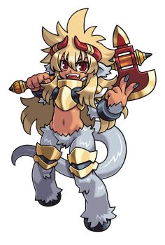 Rule 34 | 1girl, animal ears, animal feet, animal legs, armor, axe, bangle, black armor, black nails, blonde hair, bracelet, dark-skinned female, dark skin, fangs, faun, gigi grimheart, gold armor, grey tail, hair between eyes, harakawa mitsuhiro, holding, holding axe, horns, jewelry, knee pads, long hair, midriff, monster girl, multicolored armor, nail polish, navel, official art, open mouth, red eyes, red horns, shinrabanshou, solo, tail, teeth, third-party source, transparent background, upper teeth only, v