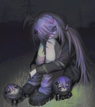 1girl absurdres antenna_hair black_boots black_shirt boots character_doll closed_mouth commentary cross_hair_ornament doll full_body grass grey_sky hair_between_eyes hair_ornament head_rest highres hugging_own_legs leg_warmers long_bangs long_hair long_sleeves looking_down mdm4 night on_grass original outdoors purple_leg_warmers shirt sitting sky smile solo symbol-only_commentary