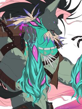 1boy abs animal_ears bara colored_sclera commentary d_catio dislyte dog_boy dog_ears dog_tail english_commentary extra_eyes fangs furry furry_male highres liam_(xolotl)_(dislyte) male_focus multicolored_hair muscular muscular_male navel open_mouth pink_sclera profile tail white_background