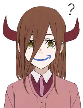 1girl ? amazon_(company) brown_eyes brown_hair cardigan closed_mouth demon_horns frown hair_between_eyes highres horns long_hair long_hair_between_eyes looking_at_viewer matomo nayuta_(yogen_no_nayuta) pink_cardigan purple_shirt red_horns shirt simple_background solo white_background yogen_no_nayuta