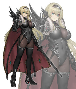1girl black_boots black_garter_straps black_leotard blonde_hair bodystocking boots breasts cleavage covered_navel frilled_hairband frills garter_straps green_eyes hairband high_heel_boots high_heels highres hiyashiru holding holding_sword holding_weapon large_breasts leotard long_hair mechanical_arms original silver_trim simple_background solo sword thigh_boots weapon white_background zoom_layer