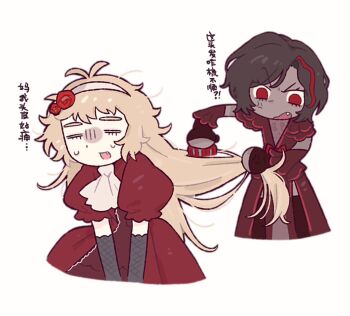 2girls ascot blonde_hair brown_hair brushing_hair chinese_text comb dress fang hairband la_manchaland_(identity)_(project_moon) limbus_company long_hair multicolored_hair multiple_girls open_mouth original outis_(project_moon) project_moon puffy_short_sleeves puffy_sleeves red_dress short_sleeves single_hair_streak streaked_hair translation_request very_long_hair white_ascot white_hairband yesheng_zong_ren