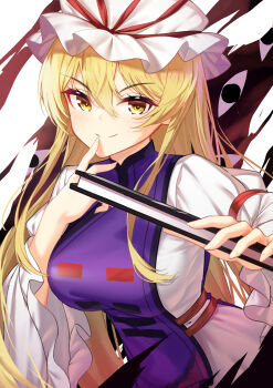 Rule 34 | 1girl, blonde hair, breasts, closed mouth, commentary request, dress, finger to mouth, folded fan, folding fan, gap (touhou), hair between eyes, hand fan, hat, hat ribbon, highres, holding, holding fan, kuma-ra, large breasts, light blush, long hair, long sleeves, mob cap, purple tabard, red ribbon, ribbon, sleeve ribbon, smile, solo, tabard, touhou, upper body, very long hair, white dress, white hat, wide sleeves, yakumo yukari, yellow eyes