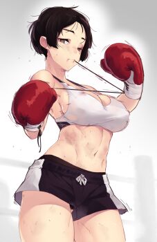 1girl abs bare_shoulders bikini black_bikini black_hair black_panties black_shorts blood blood_from_mouth blood_on_clothes blood_on_face boxing_gloves boxing_ring boxing_shorts breasts brown_eyes bruise bruise_on_face cleavage clothes_pull commentary contrapposto cowboy_shot dev_(dev0614) female_focus foreshortening from_side gloves grey_background groin_tendon hair_tie halterneck hidden_signature highres injury large_breasts legs_apart looking_at_viewer looking_to_the_side making-of_available messy_hair midriff motion_lines mouth_hold multicolored_bikini multicolored_bikini_top multicolored_clothes muscular muscular_female navel original panties parted_bangs parted_lips pointing pointing_at_viewer ponytail red_gloves scrape short_hair short_ponytail shorts shorts_pull sideboob signature solo sports_bra sportswear standing stomach string sweat swimsuit taut_clothes thighs tying underwear upshorts white_bikini white_shorts