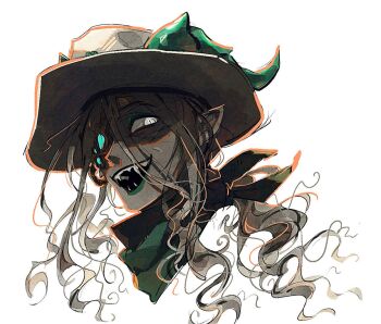 1boy :d bandana bandana_around_neck black_mouth colored_skin commentary cropped_head double-parted_bangs english_commentary eyeshadow film_grain from_below from_side glowing glowing_eyes green_bandana green_eyeshadow green_horns green_lips grey_hair grey_skin hair_between_eyes hat horns long_hair long_hair_between_eyes looking_at_viewer looking_to_the_side makeup male_focus open_mouth orange_outline outline phighting! pointy_ears roblox ron_just000 scythe_(phighting!) shaded_face sharp_teeth sidelocks sideways_glance slit_pupils smile solo teeth wavy_hair white_eyes white_hat