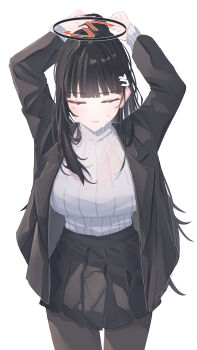 1girl absurdres adjusting_hair arms_up black_hair black_jacket black_pantyhose black_skirt blue_archive blunt_bangs blush breasts closed_eyes commentary_request hair_ornament hairclip halo highres jacket large_breasts leonardo_566 long_hair pantyhose pleated_skirt ribbed_sweater rio_(blue_archive) simple_background skirt sweatdrop sweater turtleneck turtleneck_sweater white_background white_sweater
