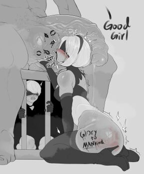 1girl 2b_(nier:automata) 2boys 9s_(nier:automata) absurdres android arm_between_legs ass backless_leotard backless_outfit bare_shoulders blindfold blush body_writing boots breasts byme_(bymetalala) cage caressing_testicles curvy elbow_gloves english_text fingerless_gloves flaccid foreskin from_side full_body gloves hairband hetero high_heels highleg highleg_leotard highres huge_ass huge_penis huge_testicles leotard licking_testicle lipstick lipstick_mark lipstick_mark_on_testicles looking_at_another makeup medium_breasts medium_hair monochrome multiple_boys navel netorare nier:automata nier_(series) oral penis penis_awe penis_on_head precum profile robophilia robot robot_girl shiny_skin sitting size_difference slap_mark solo_focus testicle_sucking testicles thick_thighs thigh_boots thighs thong_leotard tongue tongue_out uncensored urethra veins veiny_penis wariza wide_hips