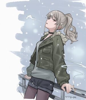 Rule 34 | 1girl, black choker, black pantyhose, black shorts, breasts, breath, chinese commentary, choker, cigarette, commentary request, girls band cry, green jacket, grey eyes, grey hair, grey shirt, highres, holding, holding cigarette, jacket, kawaragi momoka, kiraing poi, long hair, medium breasts, open clothes, open jacket, open mouth, pantyhose, pantyhose under shorts, ponytail, shirt, shorts, sidelocks, snow, solo