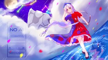 blue_eyes bow_(weapon) braid constellation constellation_print cross dress full_moon grey_hair hat highres hirwannew imperishable_night moon mountain multicolored_dress nurse_cap red_cross touhou trigram water waves weapon yagokoro_eirin