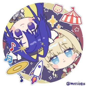 2girls :< beamed_sixteenth_notes black_dress blonde_hair blue_background blue_eyes blue_hair bow_(music) brown_dress chibi closed_mouth colored_inner_hair dress eighth_note hair_intakes highres holding holding_bow_(music) holding_instrument holding_violin instrument kiperina long_hair looking_at_viewer mossi_(mossi0816) multicolored_hair multiple_girls musical_note reverse:1999 rocket rotational_symmetry round_image smile sparkle stuffed_animal stuffed_toy teddy_bear tent twitter_username upper_body upside-down violin voyager_(reverse:1999) voyager_golden_record