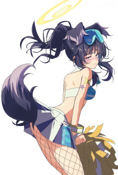 1girl absurdres animal_ears bandeau bangle bare_shoulders black_hair blue_archive blush bracelet cheerleader closed_mouth commentary_request dog_ears dog_girl dog_tail embarrassed extra_ears eyewear_on_head fishnet_pantyhose fishnets halo hibiki_(blue_archive) hibiki_(cheer_squad)_(blue_archive) highres jewelry long_hair looking_at_viewer looking_back matsumoto_yutaka miniskirt official_alternate_costume panties pantyhose pom_pom_(clothes) ponytail purple_eyes simple_background skirt solo star_(symbol) star_sticker sticker sticker_on_arm sunglasses tail twitter_username underwear watermark white_background white_panties