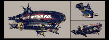 Rule 34 | aircraft, airship, ben lo, bioshock, bioshock (series), bioshock infinite, black border, bolt (hardware), border, door, highres, multiple views, no humans, painterly, ship turret, stairs, vehicle focus, window
