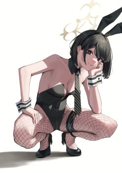 1girl absurdres alternate_costume animal_ears black_eyes black_shoes blue_archive commentary_request detached_collar diagonal-striped_clothes diagonal-striped_necktie fake_animal_ears fishnet_pantyhose fishnets green_hair green_leotard green_necktie halo hand_on_own_chin hand_on_own_thigh high_heels highres hiromi_(blue_archive) kamisakikaname leotard looking_at_viewer medium_hair necktie pantyhose playboy_bunny rabbit_ears shade shoes simple_background smile solo squatting striped_clothes striped_necktie white_background wrist_cuffs yellow_halo