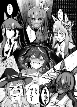 >_< 6+girls absurdres almond_eye_(umamusume) angry animal_ears art_shift blunt_bangs braid chibi chrono_genesis_(umamusume) clenched_teeth colored_skin commentary_request constricted_pupils crying crying_with_eyes_open ear_ornament ears_down ears_through_headwear emphasis_lines fangs greyscale grin hair_between_eyes hair_ornament hairband hairclip half-closed_eyes hand_on_own_chin hat high_contrast highres horse_ears kitasan_black_(umamusume) long_hair lucky_lilac_(umamusume) monochrome multicolored_hair multiple_girls open_mouth parted_lips partially_shaded_face puff_of_air raised_eyebrows raised_inner_eyebrows rakugosha_(straggler_house) saliva satono_diamond_(umamusume) scared school_uniform shirt short_hair side_ponytail smile snot streaming_tears sunken_cheeks sweep_tosho_(umamusume) tears teeth text_background tracen_school_uniform translation_request twintails umamusume v-shaped_eyebrows veiny_face veiny_neck wide-eyed witch_hat