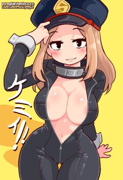1girl areola_slip blonde_hair blush bodysuit boku_no_hero_academia breasts brown_eyes brown_hair cleavage collar covered_erect_nipples hat japanese_text large_breasts leather long_hair military_hat navel no_bra pongldr self-upload simple_background smile solo_focus thighs unzipped utsushimi_kemii wide_hips yellow_background
