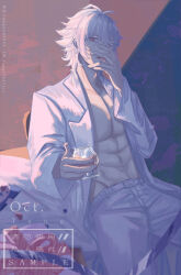 Rule 34 | 1boy, abs, absurdres, alcohol, antenna hair, aohitsugi samatoki, artist name, bare pectorals, belt, belt buckle, brown background, buckle, chinese commentary, coattails, collared jacket, commentary, cowboy shot, cup, denim, drink, drinking glass, fingernails, gleam, hand on own face, highres, holding, holding drink, hypnosis mic, jacket, jeans, long sleeves, looking at viewer, male focus, open clothes, open jacket, pants, parted lips, pectorals, red eyes, sample watermark, sanshui guantang, short hair, sitting, solo, watermark, white belt, white hair, white jacket, white pants, white sleeves, wine, wine glass