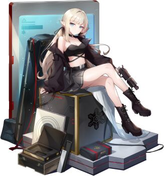 1girl ankle_boots bare_legs belt belt_collar black_boots black_gloves black_jacket blonde_hair blue_eyes blunt_bangs boots breasts briefcase cleavage collar crop_top crossed_legs elf eversoul fingerless_gloves full_body game_cg gloves grey_skirt gun highres holding holding_gun holding_weapon jacket long_hair long_sleeves looking_at_viewer medium_breasts midriff miriam_(eversoul) non-web_source official_alternate_costume official_alternate_hairstyle official_art pointy_ears screen sitting skirt solo tachi-e target transparent_background twintails weapon