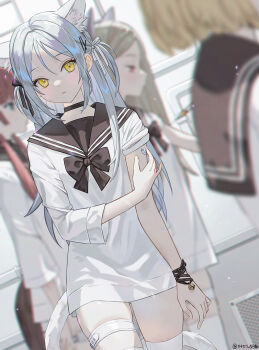 4girls animal_ear_fluff animal_ears bandaid bandaid_on_arm bell black_bow black_bowtie black_choker black_sailor_collar blonde_hair blurry blurry_background blurry_foreground blush bow bowtie brown_hair cat_ears cat_tail choker closed_mouth commentary cowboy_shot english_commentary expressionless flat_chest hair_bow hair_ornament hairclip half_updo injection jingle_bell light_particles long_sleeves looking_at_viewer multiple_girls naked_shirt original oto1_030 red_eyes red_hair sailor_collar school_uniform shirt skindentation sleeve_rolled_up solo_focus syringe tail thigh_strap thighhighs twitter_username walking white_hair white_shirt white_tail white_thighhighs yellow_eyes