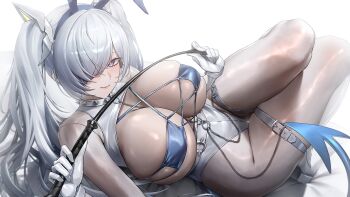 1girl animal_ears azur_lane bikini blue_eyes blush bodystocking breasts check_source cinderella_(nikke) commentary commission cosplay demon_tail english_commentary eyepatch_bikini gloves goddess_of_victory:_nikke grey_hair hair_over_one_eye highres huge_breasts long_hair looking_at_viewer monegi pixiv_commission rabbit_ears regensburg_(azur_lane) regensburg_(azur_lane)_(cosplay) regensburg_(the_dark_dragon's_dungeon)_(azur_lane) riding_crop see-through_cleavage see-through_clothes smile solo source_request swimsuit tail thighs twintails