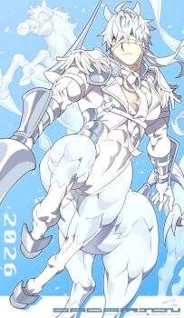 1boy 2026 abs animal_ears antenna_hair artist_name blue_eyes bridle centaur chinese_zodiac closed_mouth commentary_request elbow_gloves epaulettes gloves hair_between_eyes highres holding holding_polearm holding_weapon hooves horse horse_ears horse_tail horseshoe_ornament lance leotard low_ponytail male_focus monster_boy multiple_legs original pectoral_cleavage pectorals polearm ponytail rearing sagami_jon shirt sidelocks signature solo standing tail taur vambraces weapon white_gloves white_hair white_leotard white_shirt year_of_the_horse