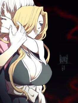 1boy 1girl bleach blonde_hair blue_eyes breasts choke_hold cleavage commentary_request expressionless faceless faceless_male hair_over_one_eye huge_breasts ichimaru_gin jewelry lips long_hair matsumoto_rangiku necklace nigatsumikka shaded_face strangling white_hair