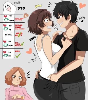 amamiya_ren atlus black_hair brown_hair english_text grabbing_another&#039;s_ass groping heart karbuitt looking_at_watch megami_tensei niijima_makoto okumura_haru persona persona_5 twitter_strip_game