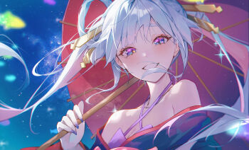 Rule 34 | 1girl, bare shoulders, blue background, blue eyes, breasts, cho kaguya-hime!, cleavage, e name, fish, floating hair, grey hair, hair ornament, hair rings, hair stick, hand up, hashtag-only commentary, highres, holding, holding umbrella, long hair, looking at viewer, nail polish, oil-paper umbrella, purple nails, red umbrella, runami yachiyo, smile, solo, sparkle, twintails, umbrella, upper body, white hair