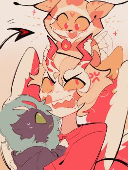 1girl 2boys animal_hood asmodeus_(helluva_boss) beelzebub_(helluva_boss) blonde_hair demon_boy demon_girl demon_horns demon_tail furry furry_female hair_slicked_back hazbin_hotel hellaverse helluva_boss highres hood horns lucifer_morningstar_(hazbin_hotel) multiple_boys oriionstar tail