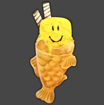 absurdres character-themed_food fish food food_focus grey_background highres himochuu no_humans roblox simple_background smiley_face taiyaki wafer wafer_stick wagashi