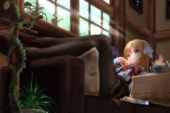 Rule 34 | 1girl, bat wings, bicycle, black pantyhose, blonde hair, cup, e.t., hair ribbon, kurumi (touhou), looking at viewer, lying, neck ribbon, pantyhose, pillow, plant, ribbon, shirt, shoes, shounen (hogehoge), skirt, smile, spoon, steam, suspenders, teacup, touhou, touhou (pc-98), wings, yellow eyes