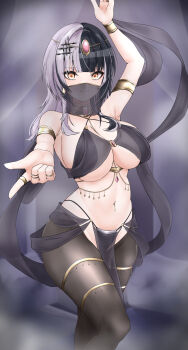 1girl absurdres aidoruhakase alternate_costume arm_up armlet black_hair breasts closed_mouth crotchless crotchless_pantyhose gold_armlet grey_hair harem_outfit highres hololive hololive_english jewelry large_breasts long_hair looking_at_viewer mouth_veil multicolored_hair navel pantyhose pelvic_curtain ring shiori_novella smile solo split-color_hair two-tone_hair veil virtual_youtuber yellow_eyes