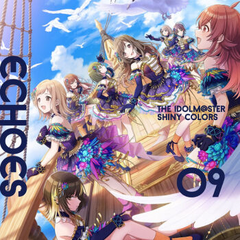 album_cover asakura_toru bare_shoulders bird black_hair blue_shoes blue_sky closed_eyes cloud cover dove dress gradient_clothes gradient_dress high_heels idolmaster idolmaster_shiny_colors ikaruga_luca komiya_kaho multicolored_hair multiple_girls nanakusa_nichika official_art open_mouth orange_socks osaki_amana sakuragi_mano serizawa_asahi ship shoes sky socks tsukioka_kogane watercraft