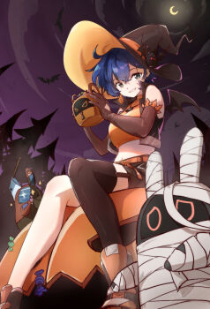 00000hds 1girl alternate_costume bangboo_(zenless_zone_zero) bat_(animal) belle_(zenless_zone_zero) belt blue_hair brown_gloves bucket candy commentary commentary_request crescent_moon crop_top crossed_bangs earclip earrings elbow_gloves english_commentary food from_below gloves green_eyes hair_between_eyes halloween halloween_bucket halloween_costume hands_up hat highres holding holding_bucket holding_candy holding_food jack-o&#039;-lantern jewelry large_hat looking_at_viewer midriff mismatched_earrings mixed-language_commentary moon mummy_costume navel necklace night night_sky orange_shirt orange_shoes parted_lips pumpkin shirt shoes single_thighhigh sitting sky thighhighs tree witch_hat wrapped_candy zenless_zone_zero
