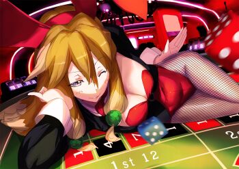 1girl animal_ears aq_interactive arcana_heart arcana_heart_2 artist_request blush breasts brown_hair casino cleavage detached_collar dice examu fake_animal_ears fishnets hair_bobbles hair_ornament inuwaka_akane large_breasts long_hair looking_at_viewer lying multicolored_hair navel one_eye_closed playboy_bunny purple_eyes rabbit_ears smile tuxedo two-tone_hair very_long_hair